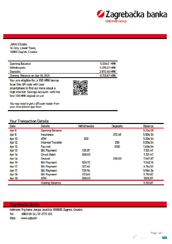Download Croatia Zagrebačka bank statement word